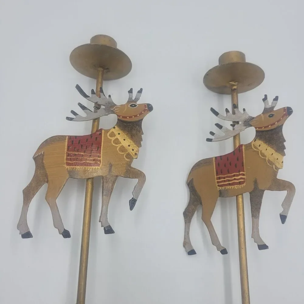 Christmas Metal Reindeer Candle Holder Candlestick Pair Hand Painted Elk Caribou